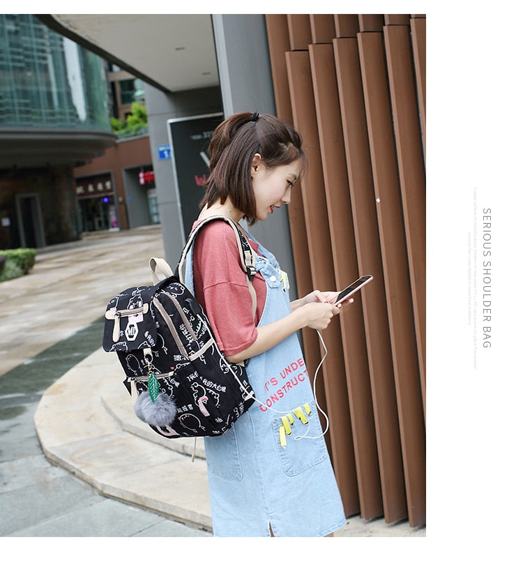 3 Pcs USB Charging Canvas Backpack