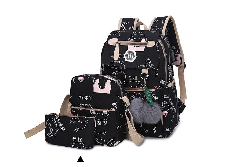 3 Pcs USB Charging Canvas Backpack