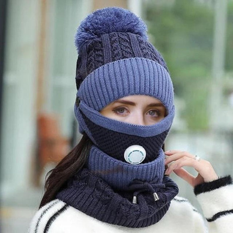 3 In 1 Winter Beanie Hat with Filter Mouth Cover and Neck Warmer