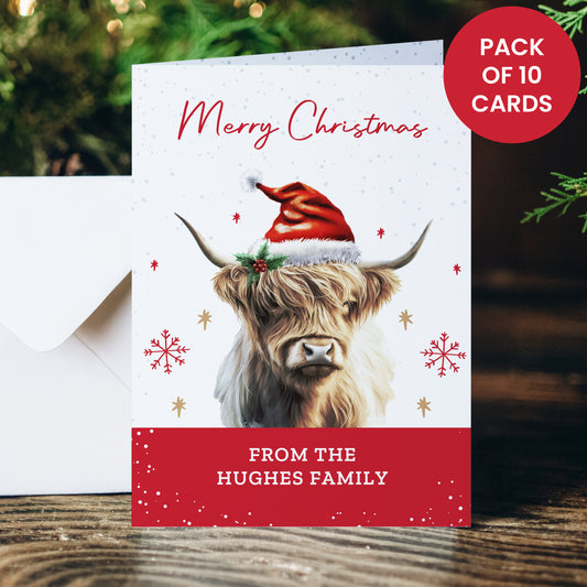 Personalised Highland Cow Pack of 10 Christmas Cards