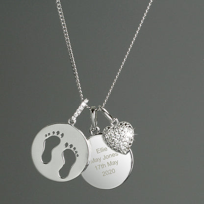 Personalised Sterling Silver Footprints and Cubic Zirconia Heart Necklace