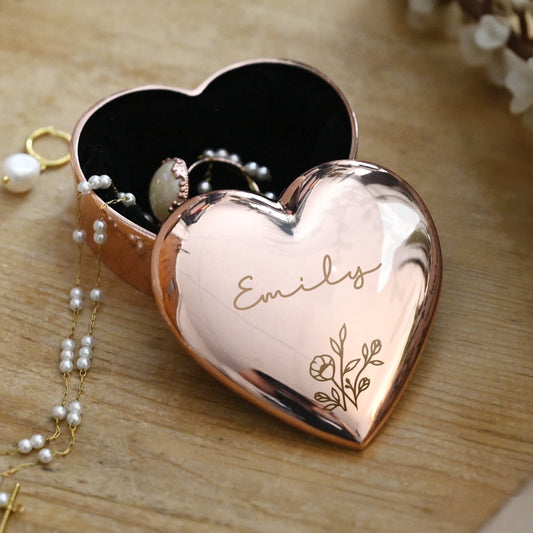 Personalised Floral Rose Gold Heart Trinket Box