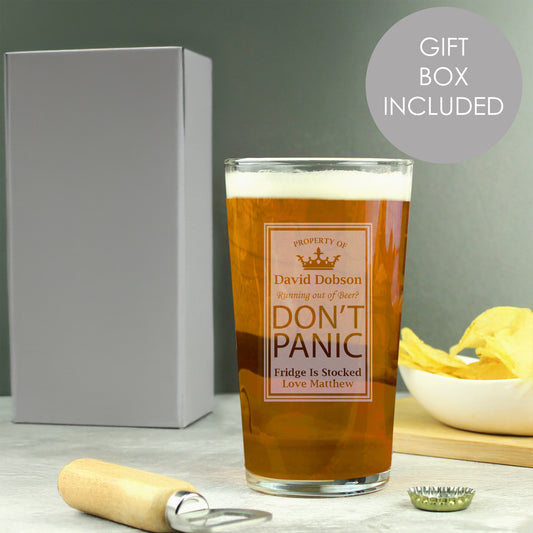 Personalised Don't Panic Pint Glass