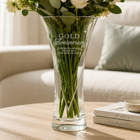 Personalised Gold Anniversary Large Hand Cut Diamond Effect Heart Vase