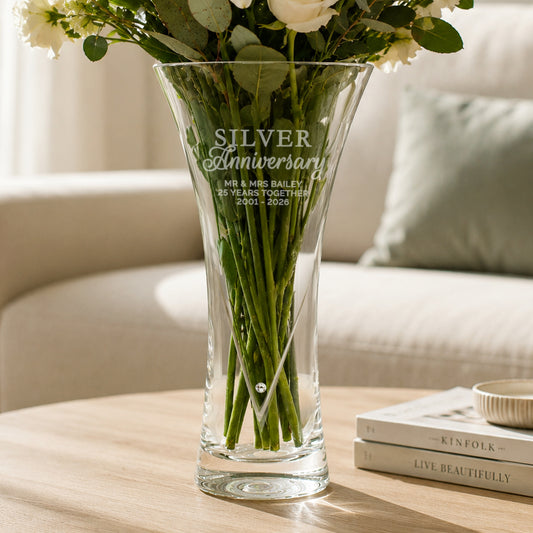 Personalised Silver Anniversary Large Hand Cut Diamond Effect Heart Vase