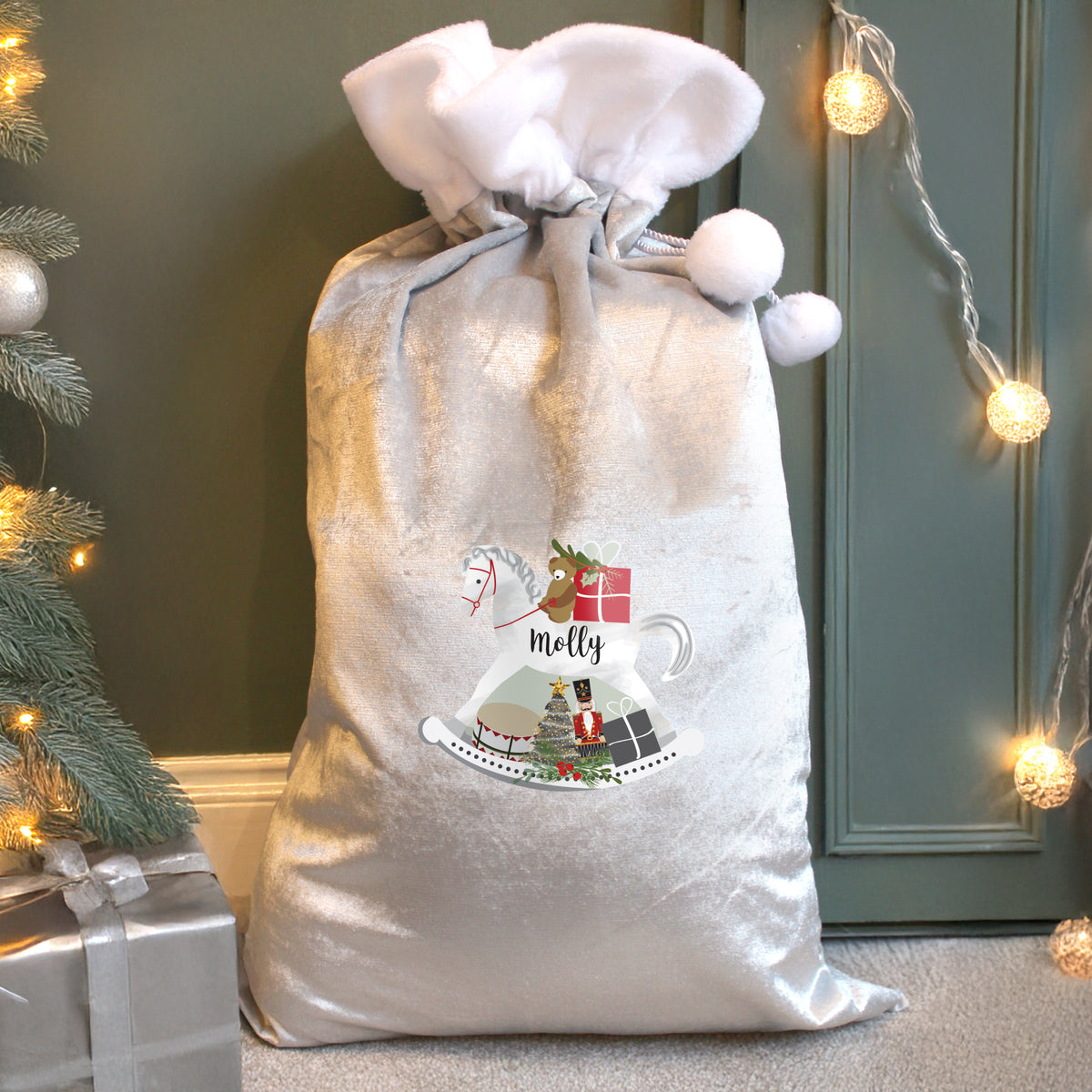 Personalised Rocking Horse Luxury Silver Grey Pom Pom Sack