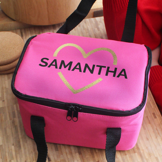 Personalised Gold Heart Pink Lunch Bag