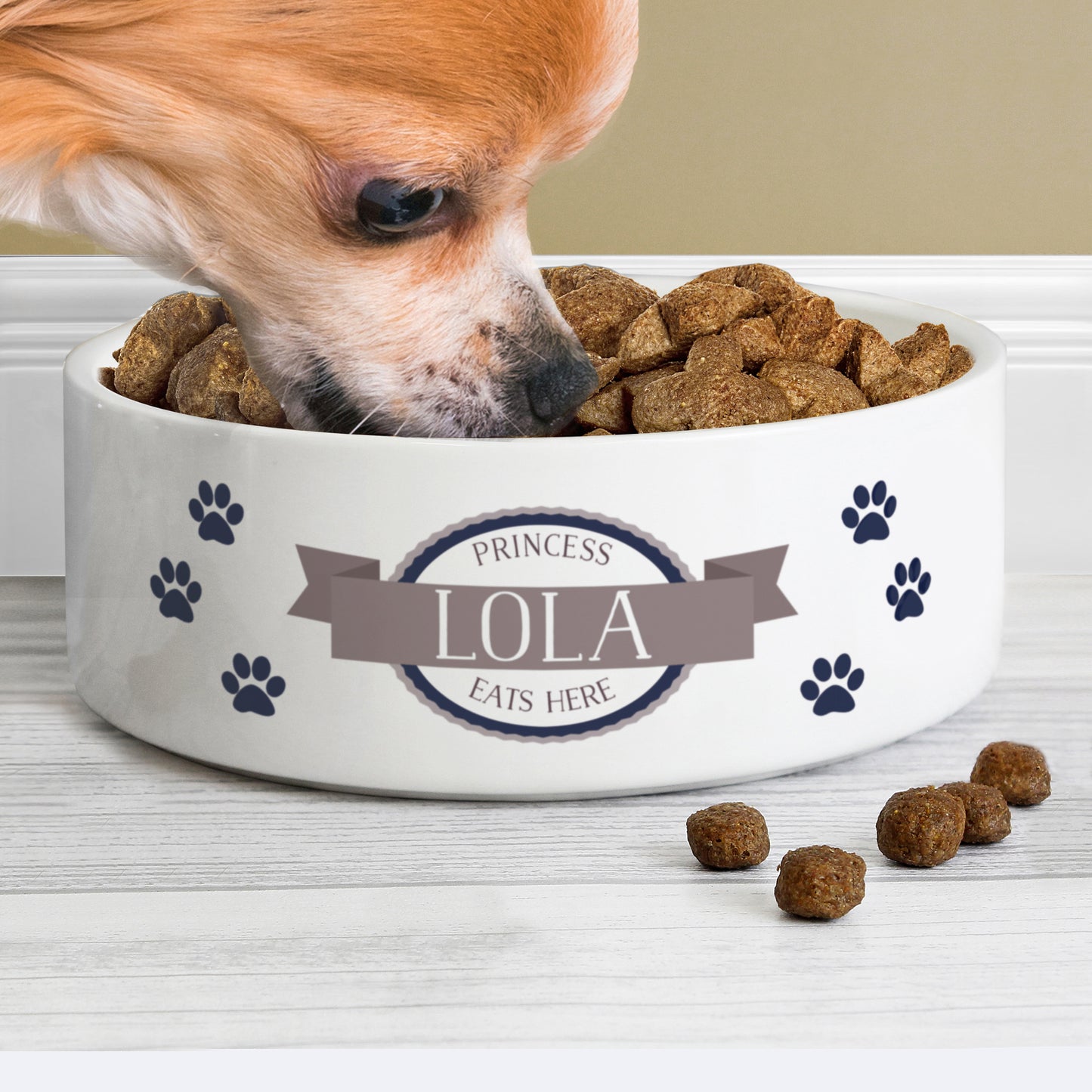 Personalised Blue Paws 15cm Medium White Pet Bowl
