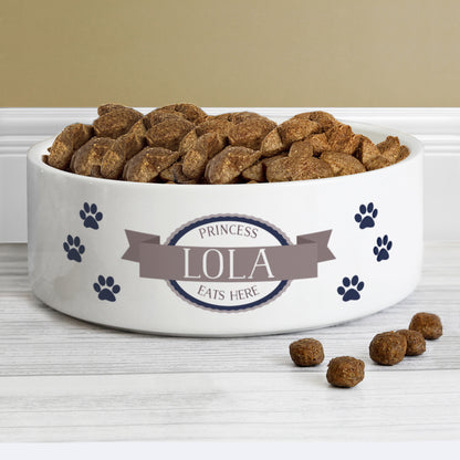 Personalised Blue Paws 15cm Medium White Pet Bowl