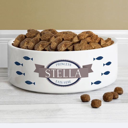 Personalised Blue Fish 15cm Medium White Pet Bowl