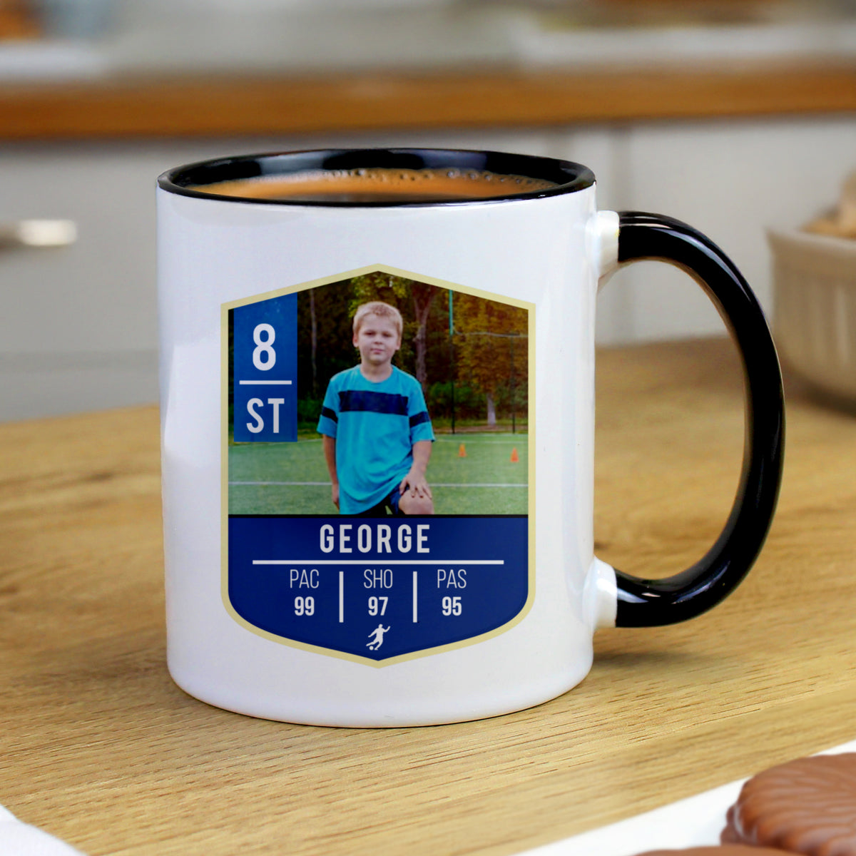 Personalised Photo Upload Football Black Handle Mug