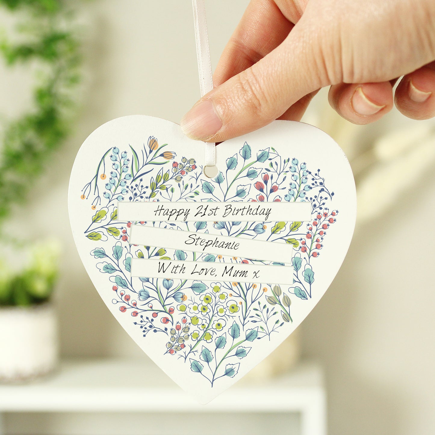 Personalised Botanical Scroll Wooden Heart Decoration