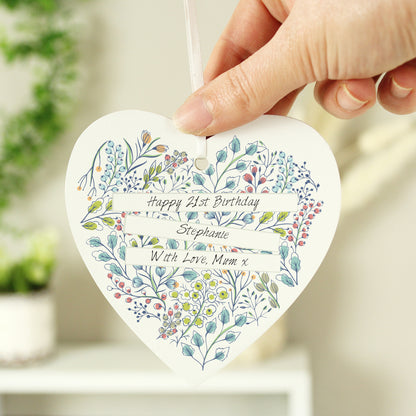 Personalised Botanical Scroll Wooden Heart Decoration