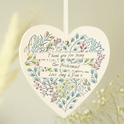 Personalised Botanical Scroll Wooden Heart Decoration