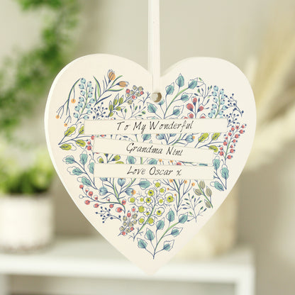Personalised Botanical Scroll Wooden Heart Decoration