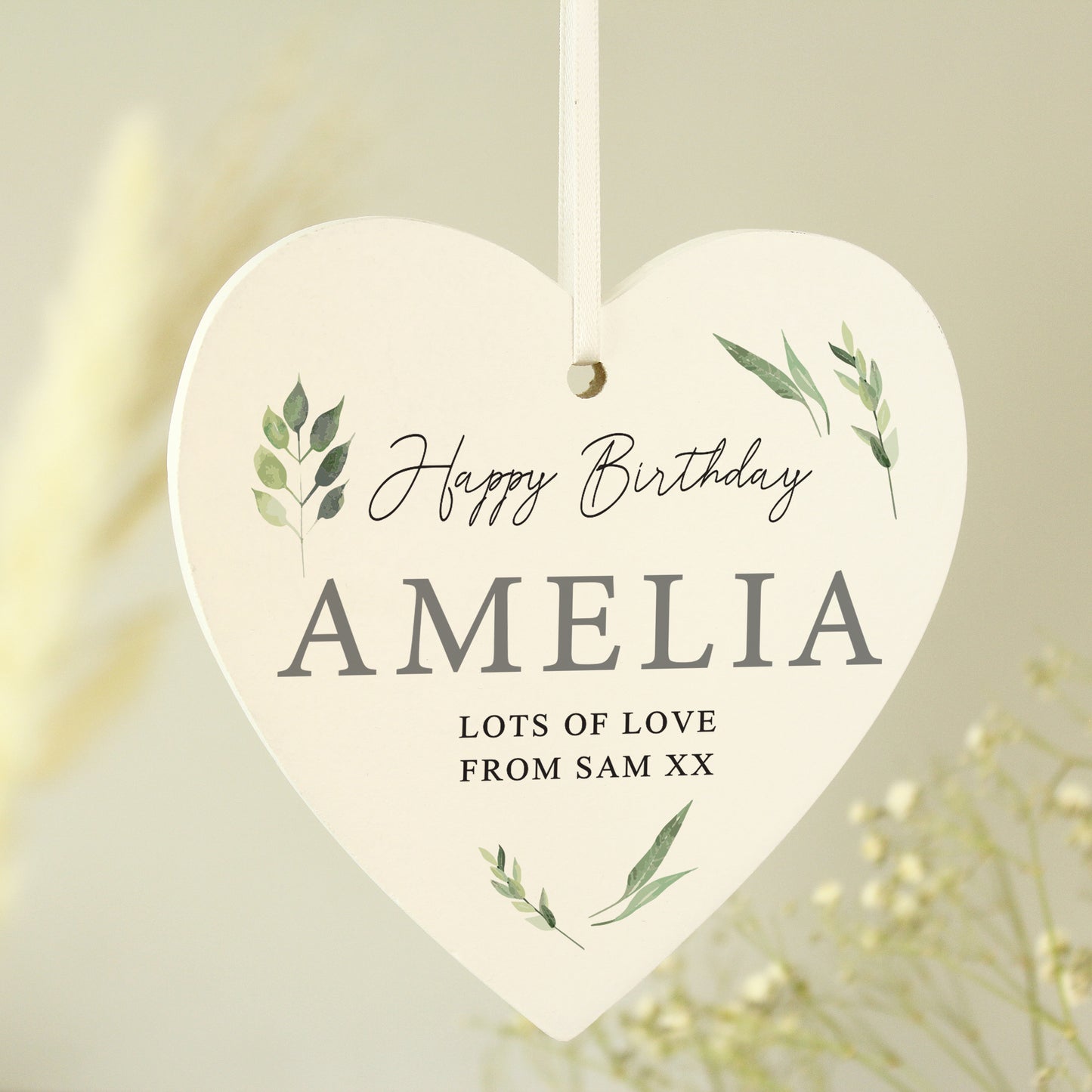 Personalised Botanical Script Wooden Heart Decoration