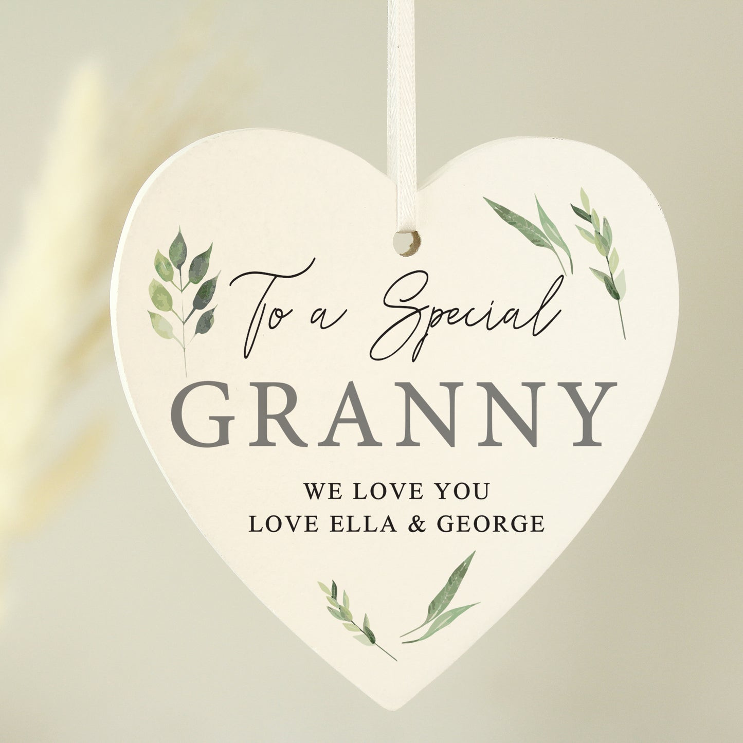 Personalised Botanical Script Wooden Heart Decoration