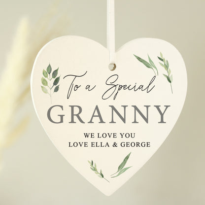 Personalised Botanical Script Wooden Heart Decoration