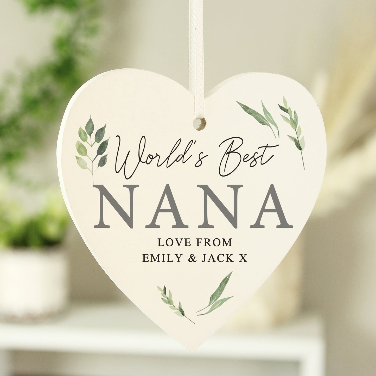 Personalised Botanical Script Wooden Heart Decoration