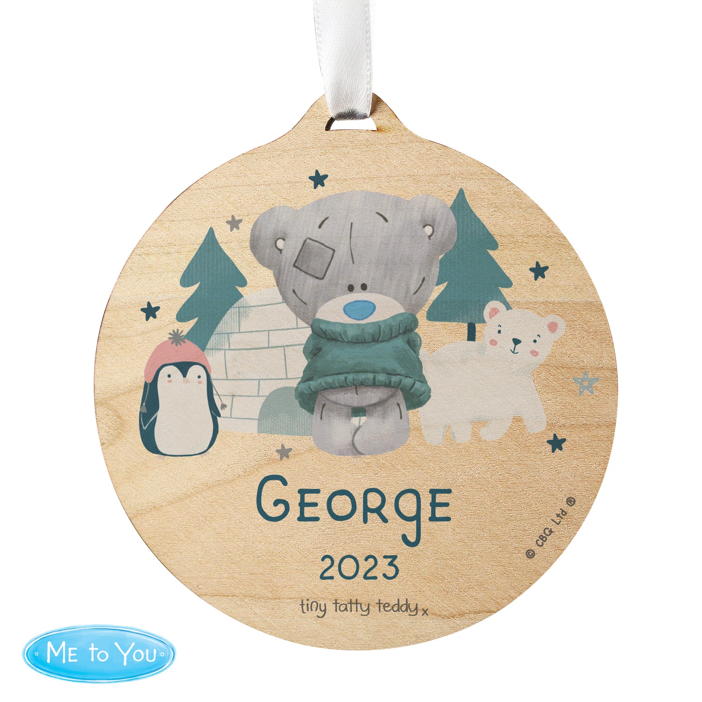 Personalised Winter Explorer Tiny Tatty Teddy Round Wooden Decoration