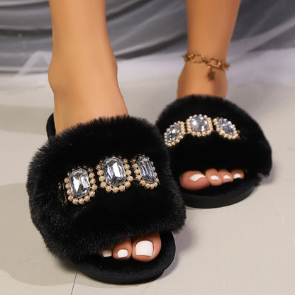 Luxury Plush Winter Woman's Slippers With Crystal Design