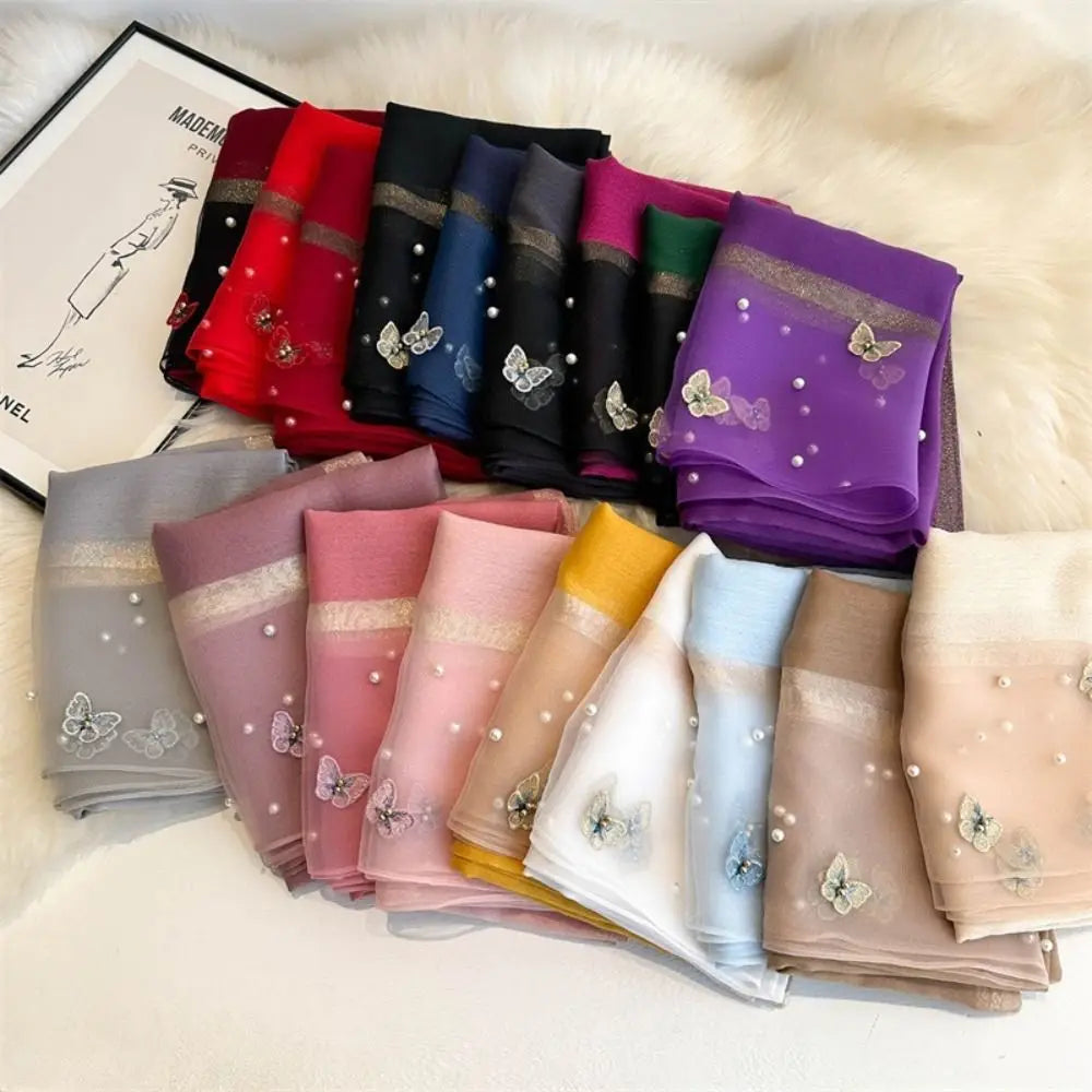 Headkerchief Thin Silk Scarf Pearl Foulard Butterfly Embroidery Scarf Wraps Large Women Hijab Shawls Spring and Autumn
