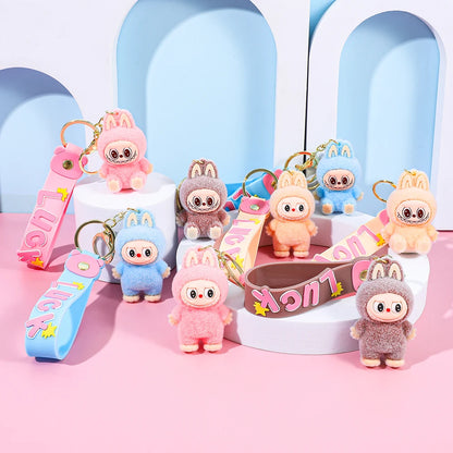 Labubu Flocked Key Ring Doll with Silicone "Luck" Charm