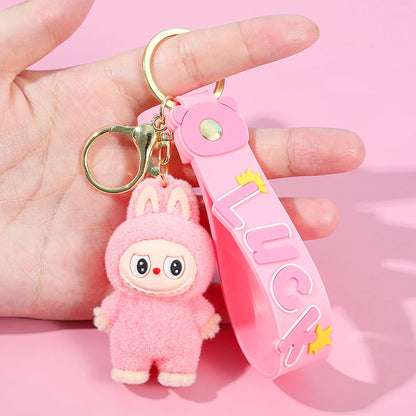Labubu Flocked Key Ring Doll with Silicone "Luck" Charm