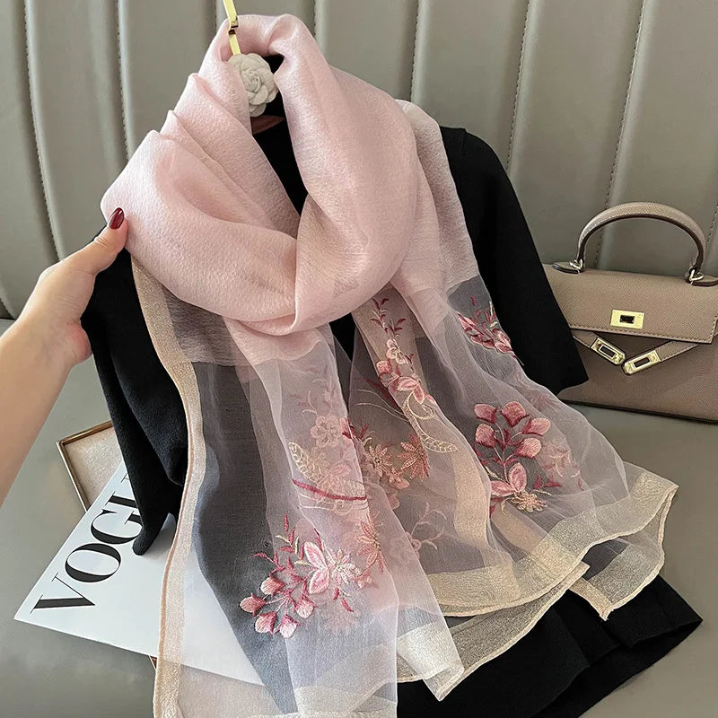 Luxury Brand Silk Wool Women Scarf Embroidery Shawl and Wraps Foulard Female Hijab Bandana scarves for lady flowers beach stoles