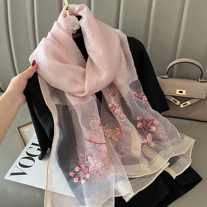 Luxury Brand Silk Wool Women Scarf Embroidery Shawl and Wraps Foulard Female Hijab Bandana scarves for lady flowers beach stoles