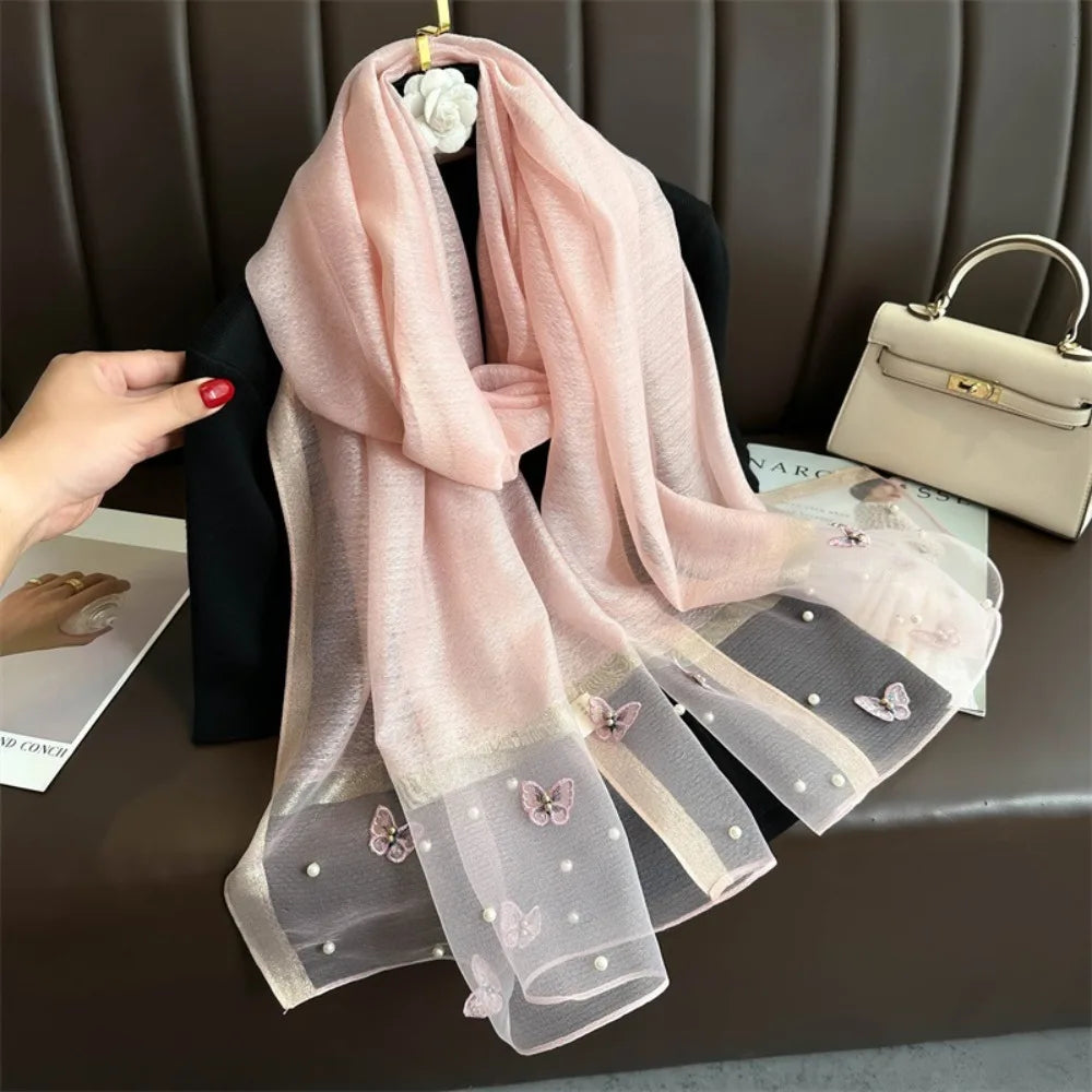 Headkerchief Thin Silk Scarf Pearl Foulard Butterfly Embroidery Scarf Wraps Large Women Hijab Shawls Spring and Autumn