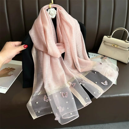 Headkerchief Thin Silk Scarf Pearl Foulard Butterfly Embroidery Scarf Wraps Large Women Hijab Shawls Spring and Autumn