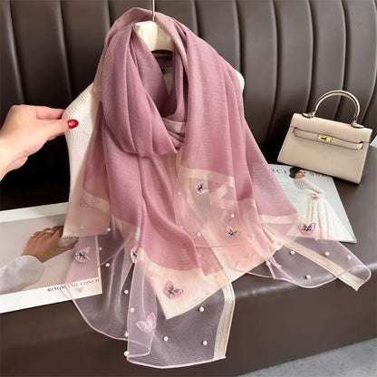 Headkerchief Thin Silk Scarf Pearl Foulard Butterfly Embroidery Scarf Wraps Large Women Hijab Shawls Spring and Autumn