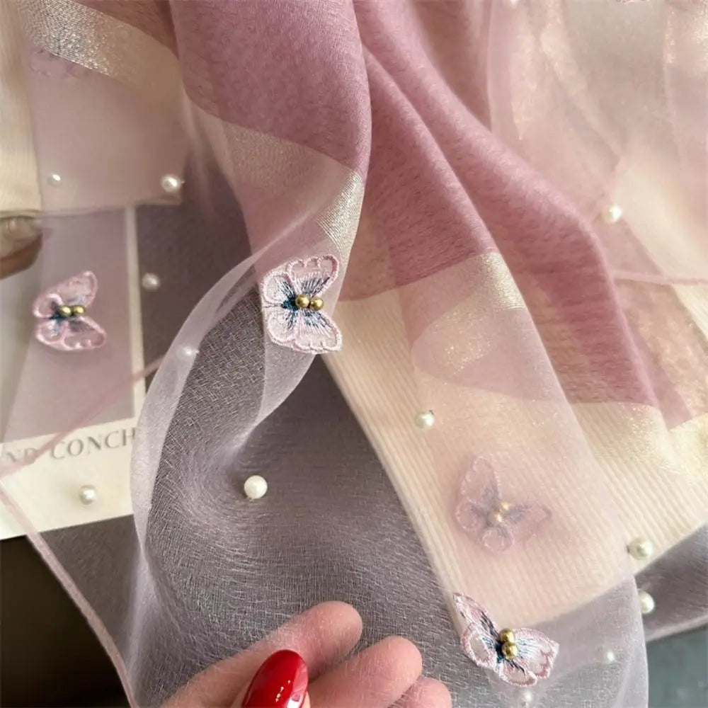 Headkerchief Thin Silk Scarf Pearl Foulard Butterfly Embroidery Scarf Wraps Large Women Hijab Shawls Spring and Autumn