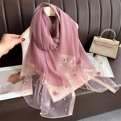 Headkerchief Thin Silk Scarf Pearl Foulard Butterfly Embroidery Scarf Wraps Large Women Hijab Shawls Spring and Autumn