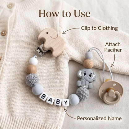Personalized Pacifier Clip Custom Name Elephant Baby Teething Holder Food Grade Silicone Marble Beads BPA Free Dummy Chain Gift