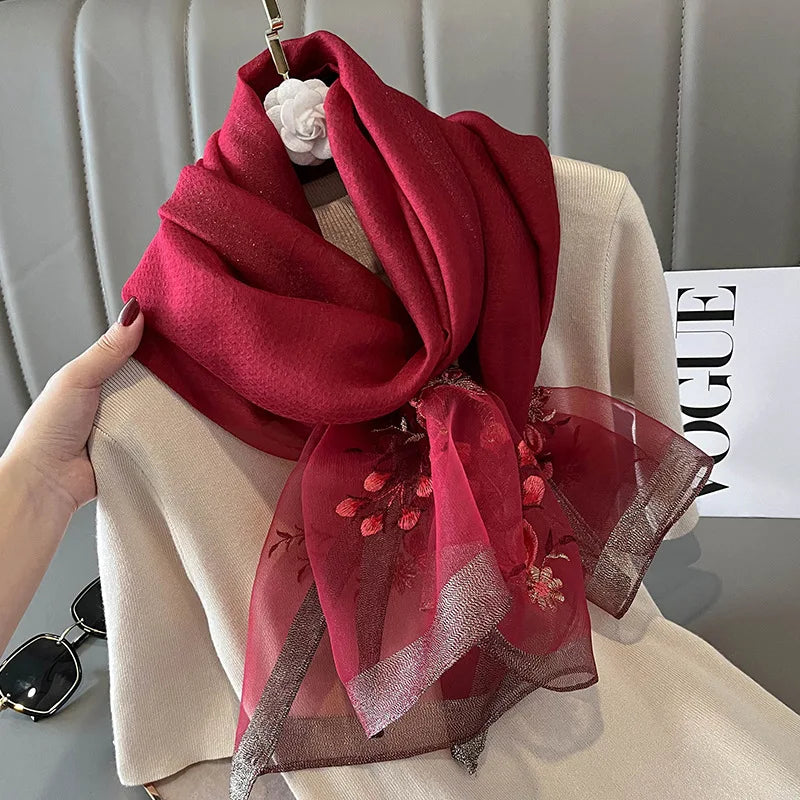 Luxury Brand Silk Wool Women Scarf Embroidery Shawl and Wraps Foulard Female Hijab Bandana scarves for lady flowers beach stoles