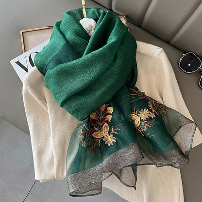 Luxury Brand Silk Wool Women Scarf Embroidery Shawl and Wraps Foulard Female Hijab Bandana scarves for lady flowers beach stoles