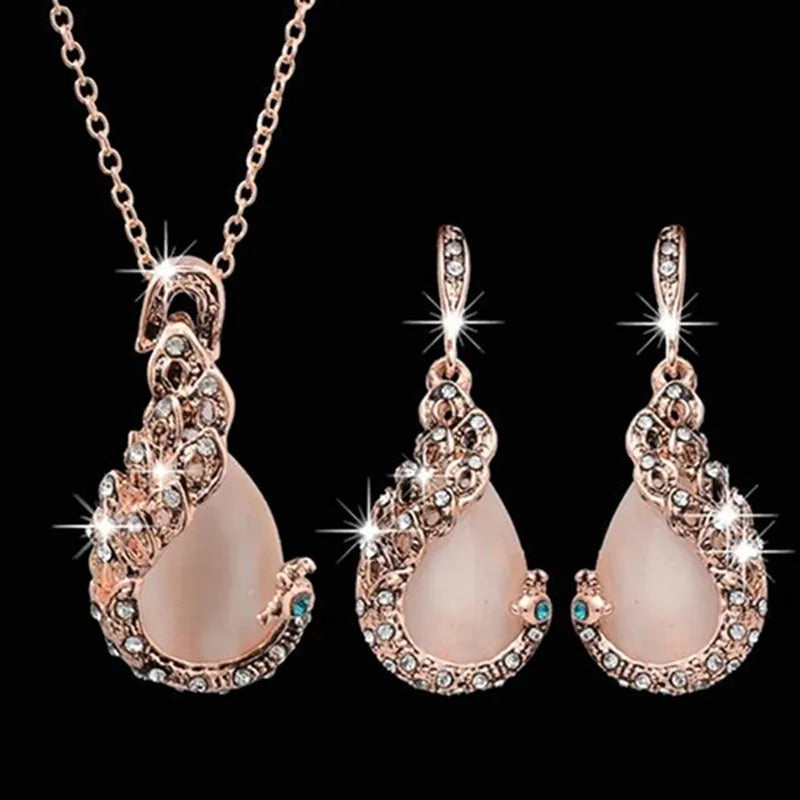 Rhinestone Waterdrop Pendant Necklace + Hook Earrings Jewellery Set