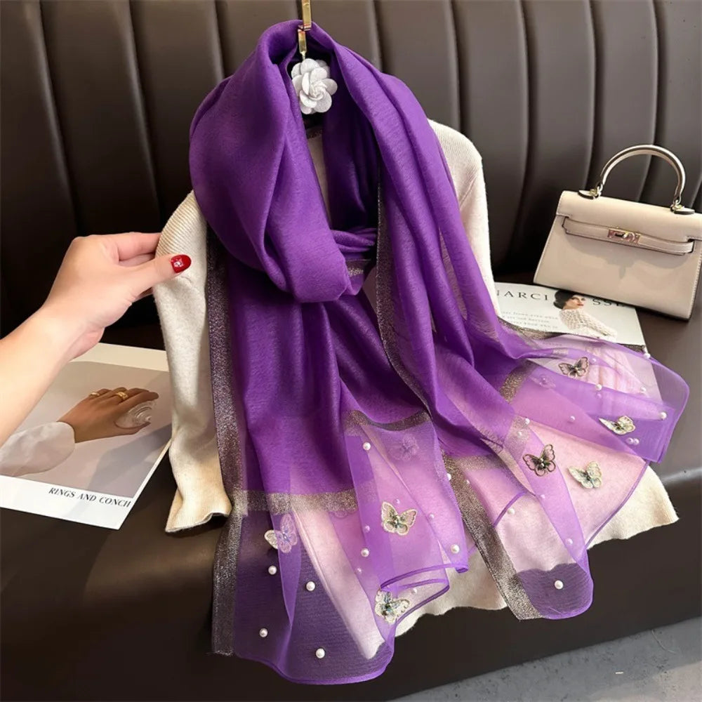 Headkerchief Thin Silk Scarf Pearl Foulard Butterfly Embroidery Scarf Wraps Large Women Hijab Shawls Spring and Autumn