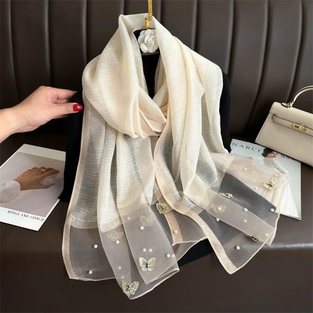 Headkerchief Thin Silk Scarf Pearl Foulard Butterfly Embroidery Scarf Wraps Large Women Hijab Shawls Spring and Autumn