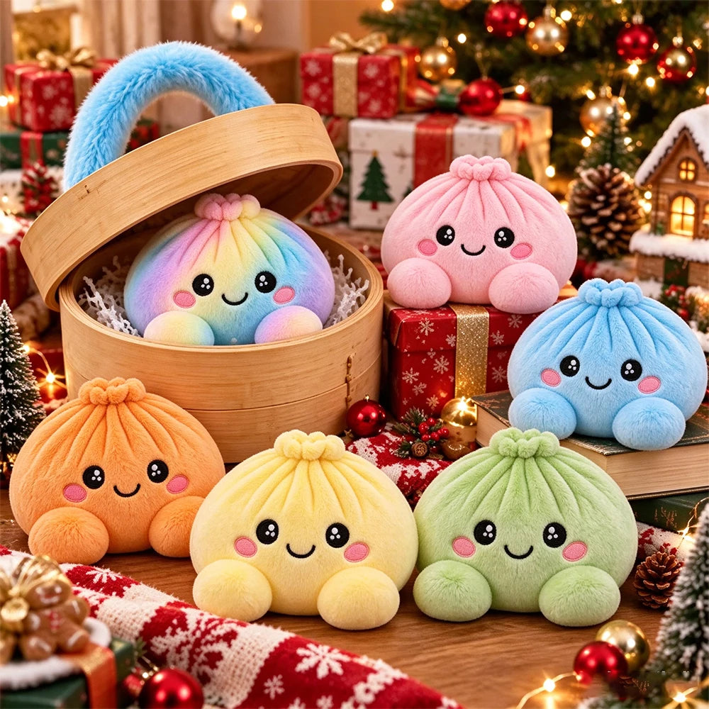 Plush Stuffed Dumpling Squishies with Steamer, Soft Christmas Bao Bun Stress Balls, Squishies Fidget Toys for Adults Kids