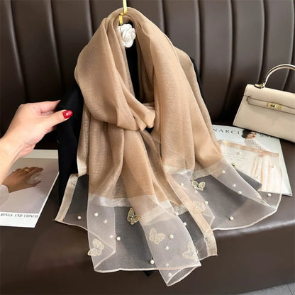 Headkerchief Thin Silk Scarf Pearl Foulard Butterfly Embroidery Scarf Wraps Large Women Hijab Shawls Spring and Autumn