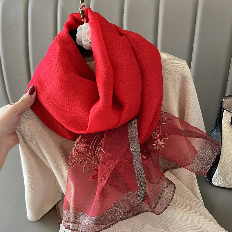 Luxury Brand Silk Wool Women Scarf Embroidery Shawl and Wraps Foulard Female Hijab Bandana scarves for lady flowers beach stoles