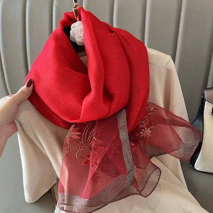 Luxury Brand Silk Wool Women Scarf Embroidery Shawl and Wraps Foulard Female Hijab Bandana scarves for lady flowers beach stoles