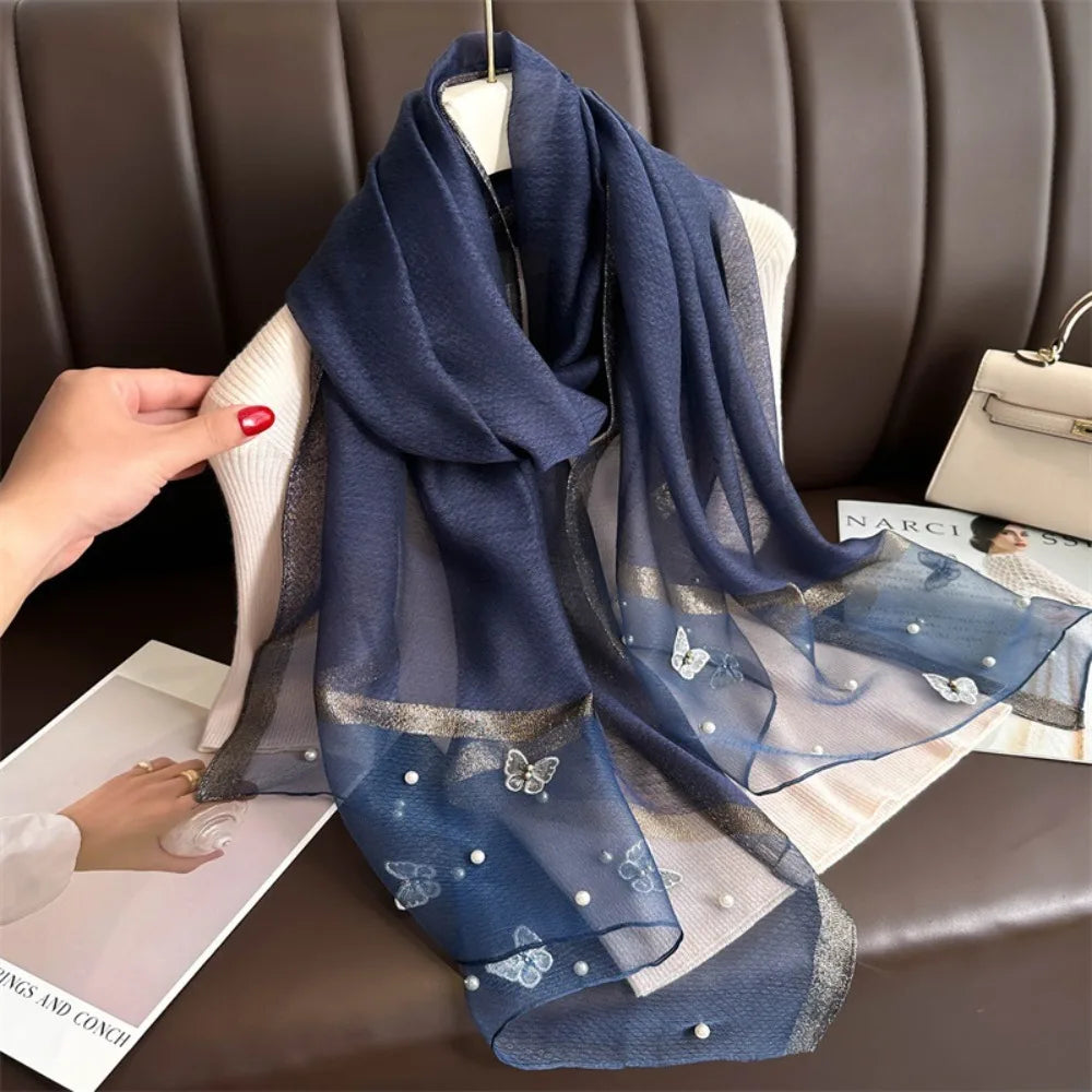 Headkerchief Thin Silk Scarf Pearl Foulard Butterfly Embroidery Scarf Wraps Large Women Hijab Shawls Spring and Autumn