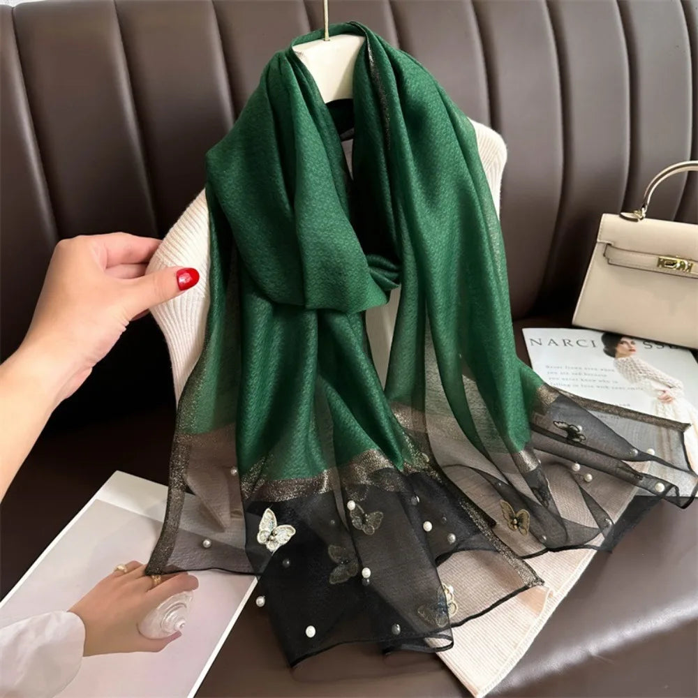 Headkerchief Thin Silk Scarf Pearl Foulard Butterfly Embroidery Scarf Wraps Large Women Hijab Shawls Spring and Autumn