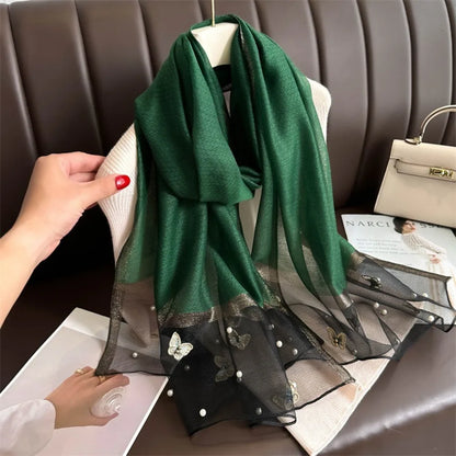 Headkerchief Thin Silk Scarf Pearl Foulard Butterfly Embroidery Scarf Wraps Large Women Hijab Shawls Spring and Autumn