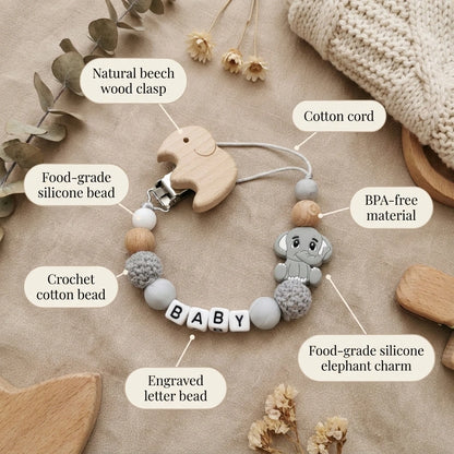 Personalized Pacifier Clip Custom Name Elephant Baby Teething Holder Food Grade Silicone Marble Beads BPA Free Dummy Chain Gift