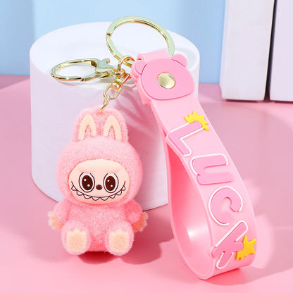 Labubu Flocked Key Ring Doll with Silicone "Luck" Charm
